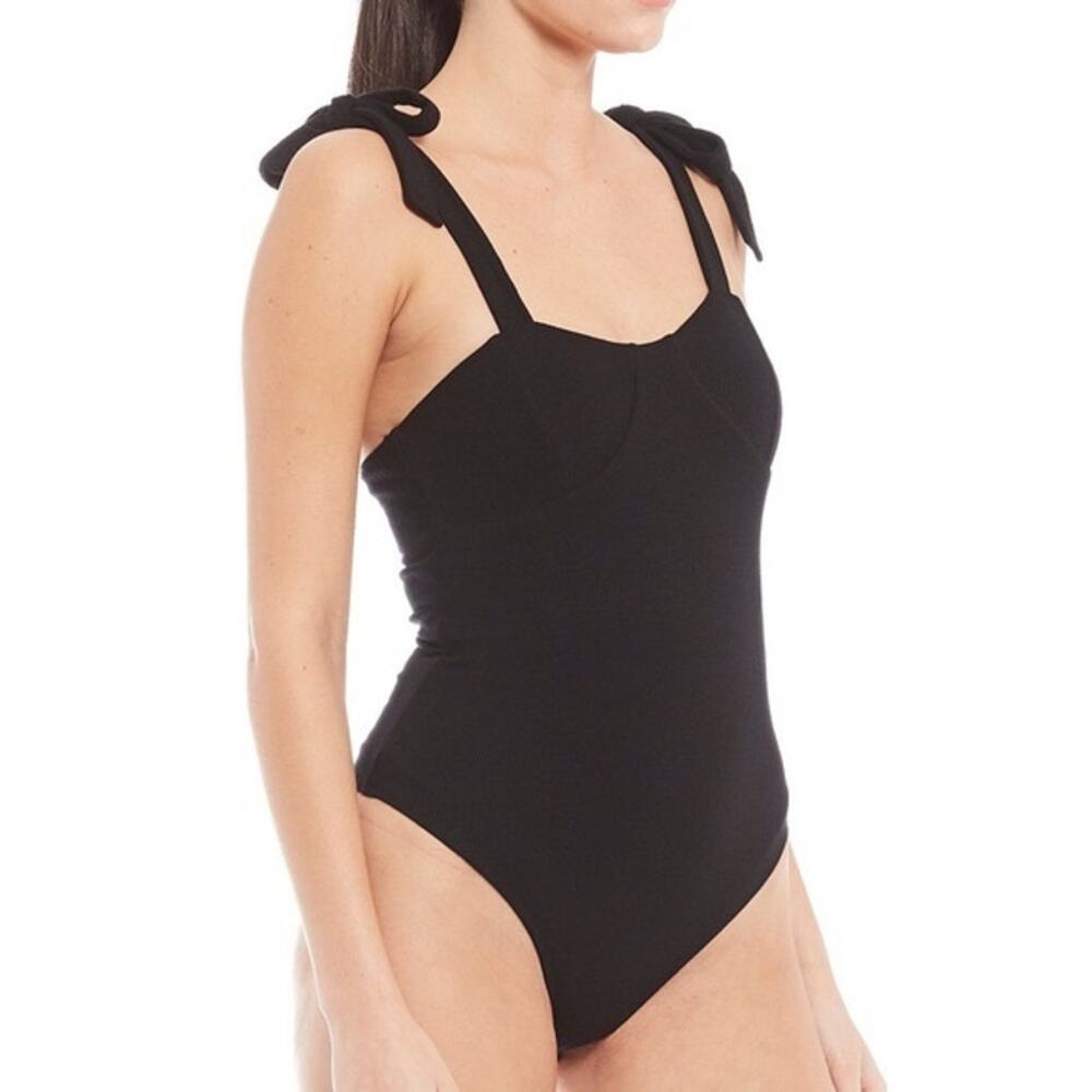 Gianni Bini Arissa Solid Black Ribbed Knit Tie Strap Sleeveless Cheeky Bodysuit